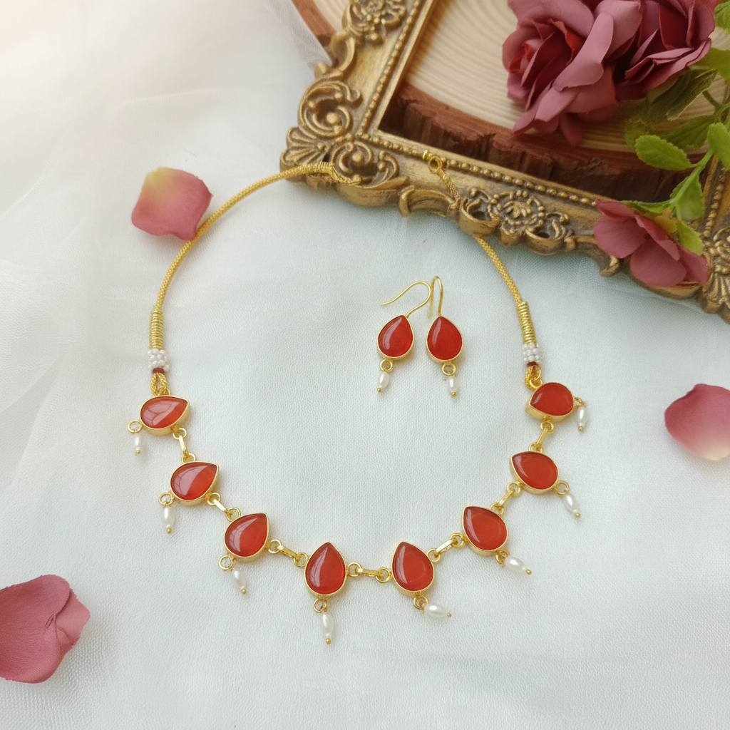 Monalisa Orange Teardrop Choker Necklace with Pearl Spacers & Matching Earrings