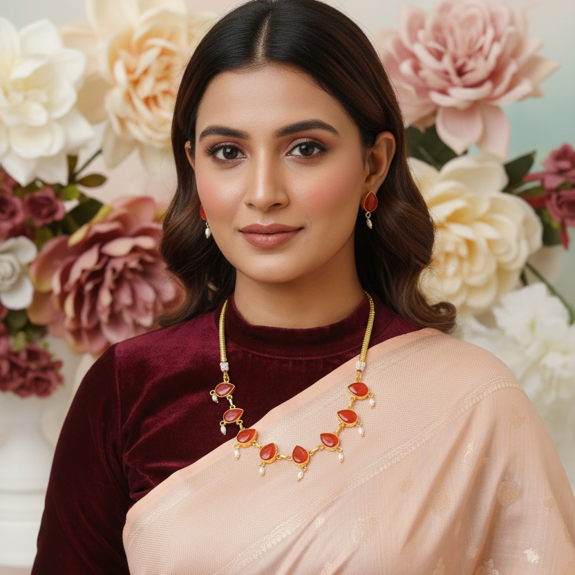 Monalisa Orange Teardrop Choker Necklace with Pearl Spacers & Matching Earrings