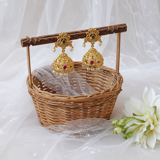 Gold Plated Nakshi Jhumka Earrings with Ruby Emerald & Pearl Drops