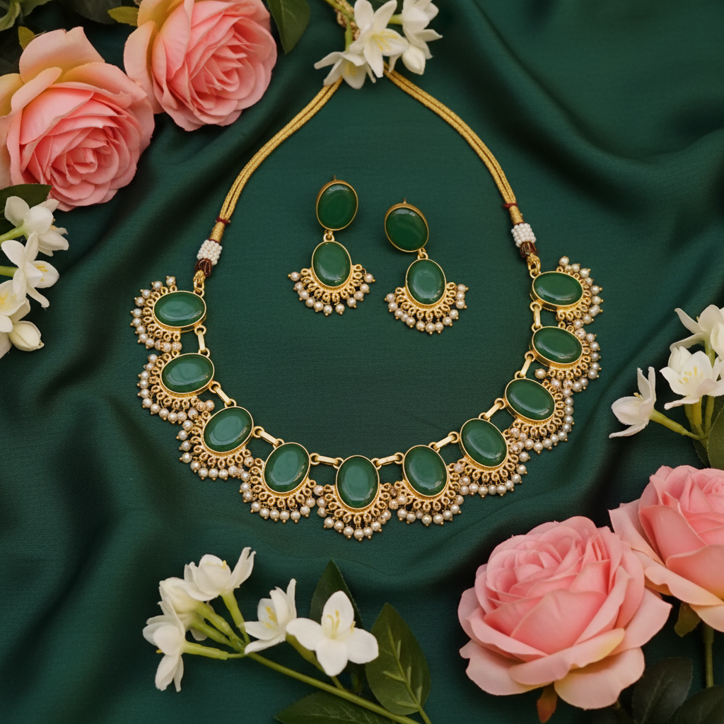 Emerald Green Oval Stone Necklace Set with Pearl Drops