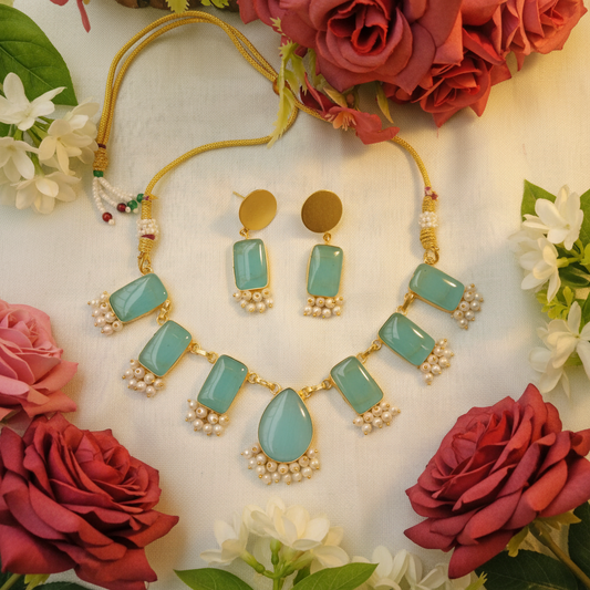 Monalisa  blue Rectangle Necklace Set with Pearl Clusters