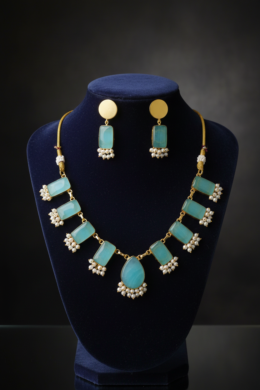 Monalisa  blue Rectangle Necklace Set with Pearl Clusters