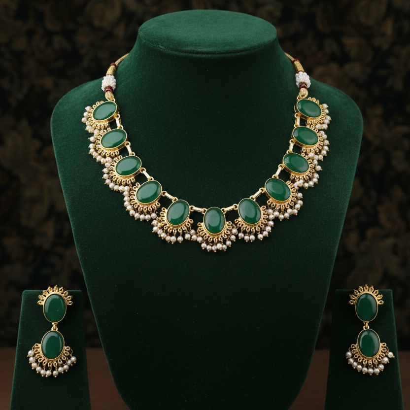 Emerald Green Oval Stone Necklace Set with Pearl Drops