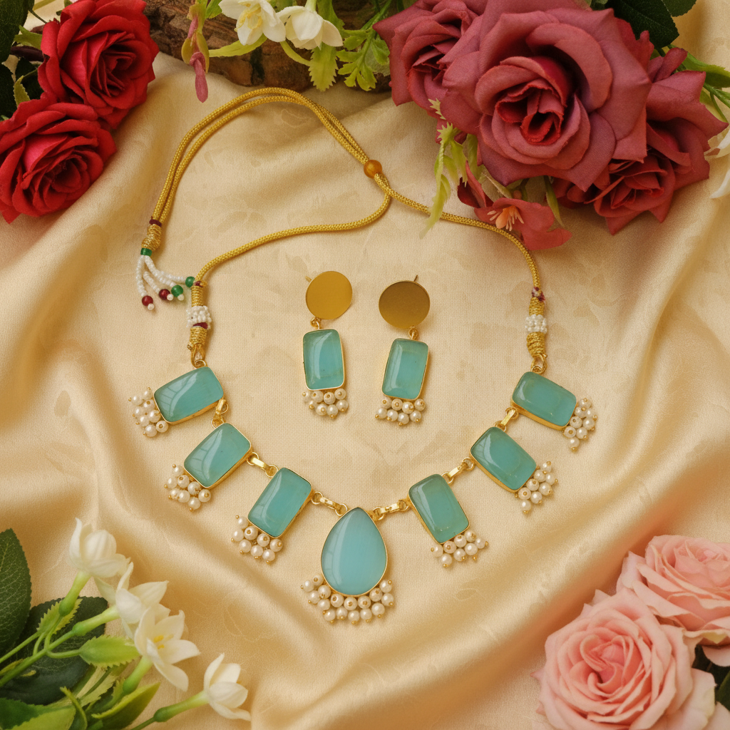 Monalisa  blue Rectangle Necklace Set with Pearl Clusters