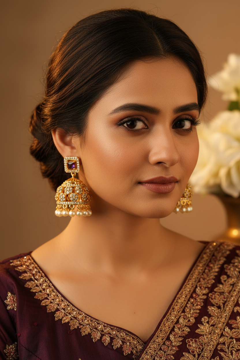 Gold Plated AD Purple Stone Jhumka Earrings