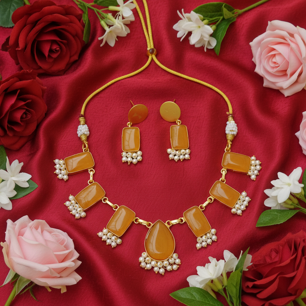 Monalisa  yellow Rectangle Necklace Set with Pearl Clusters & Matching Earrings