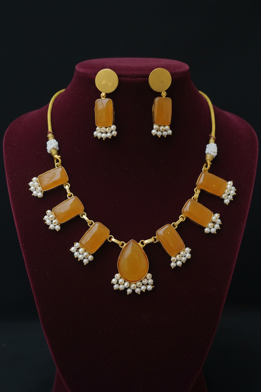 Monalisa  yellow Rectangle Necklace Set with Pearl Clusters & Matching Earrings