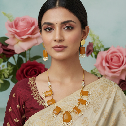 Monalisa  yellow Rectangle Necklace Set with Pearl Clusters & Matching Earrings