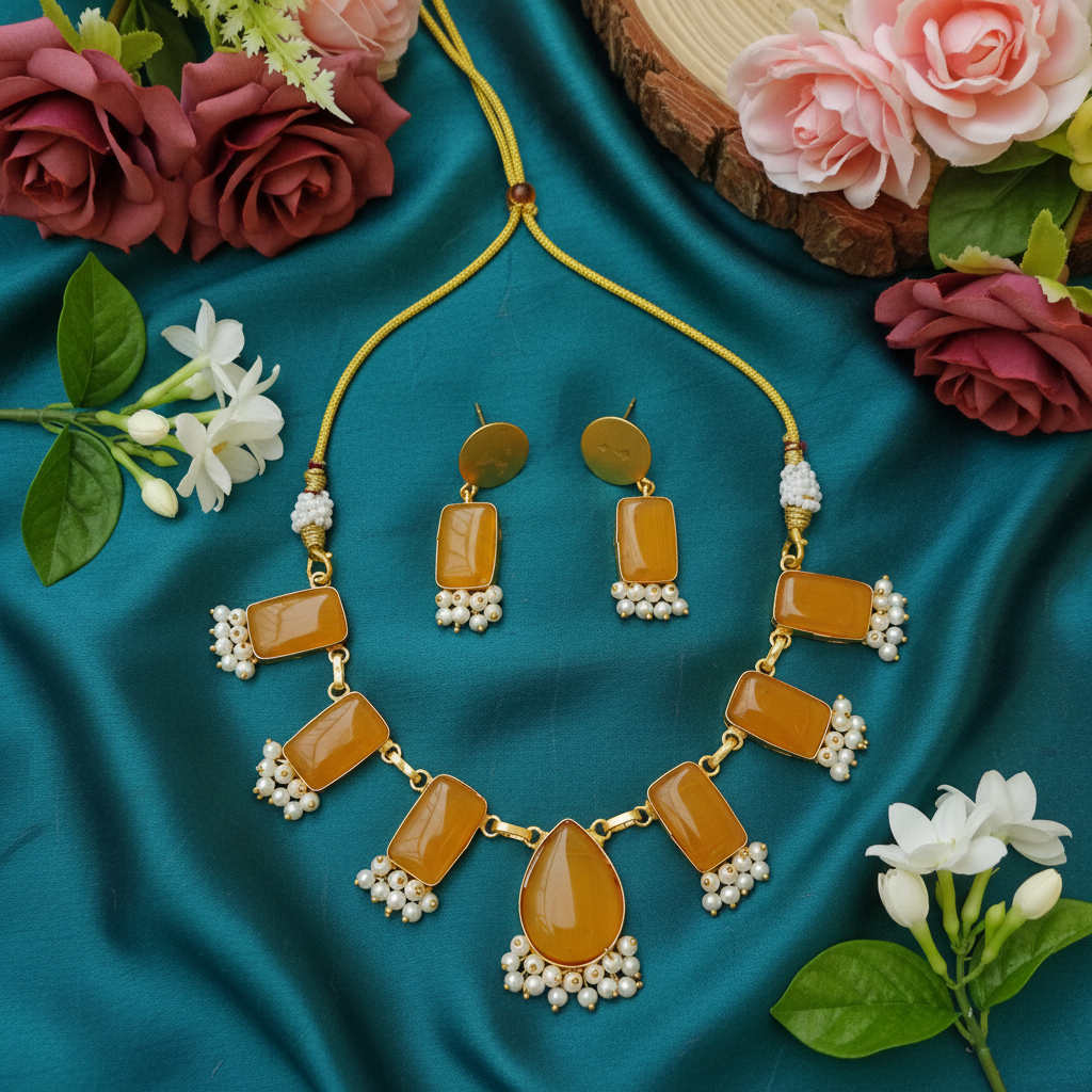 Monalisa  yellow Rectangle Necklace Set with Pearl Clusters & Matching Earrings