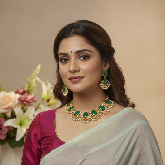 Emerald Green Oval Stone Necklace Set with Pearl Drops