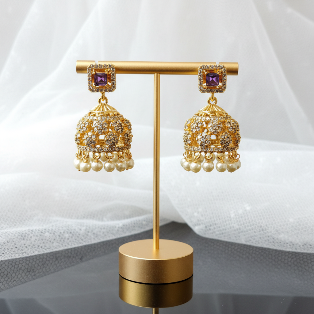 Gold Plated AD Purple Stone Jhumka Earrings