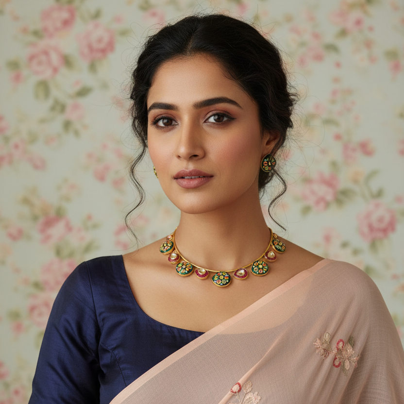 Green Meenakari Kundan Choker Necklace Set with Stud Earrings