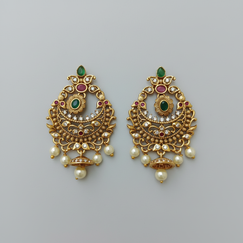 Antique Gold Chandbali Earrings – Ruby, Emerald, CZ & Pearl Drop