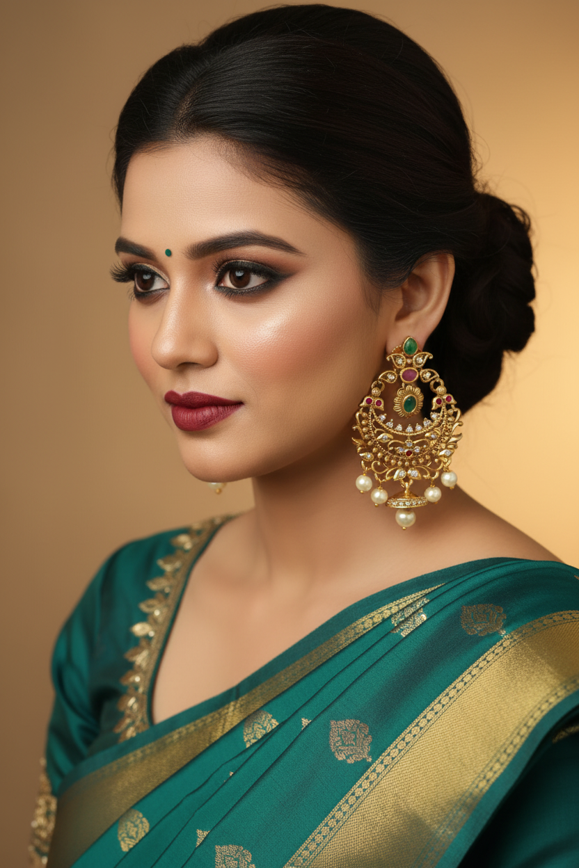 Antique Gold Chandbali Earrings – Ruby, Emerald, CZ & Pearl Drop
