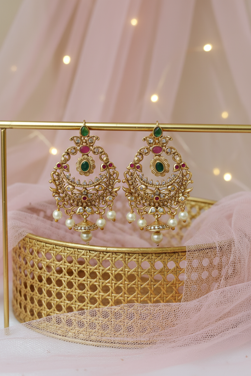 Antique Gold Chandbali Earrings – Ruby, Emerald, CZ & Pearl Drop