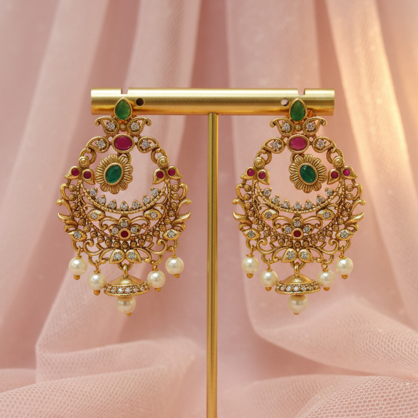 Antique Gold Chandbali Earrings – Ruby, Emerald, CZ & Pearl Drop