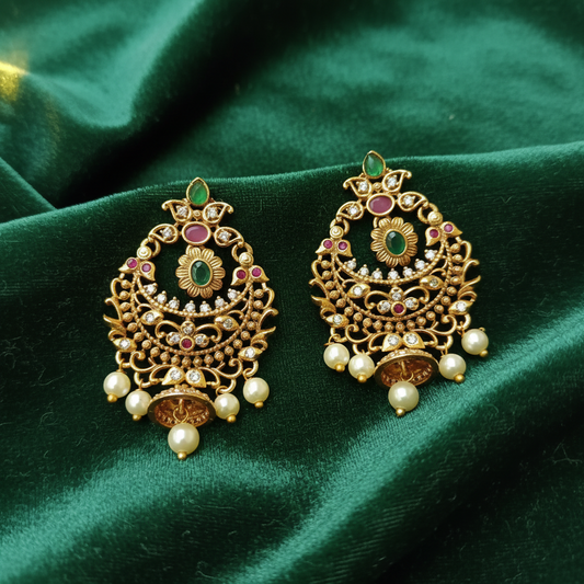 Antique Gold Chandbali Earrings – Ruby, Emerald, CZ & Pearl Drop