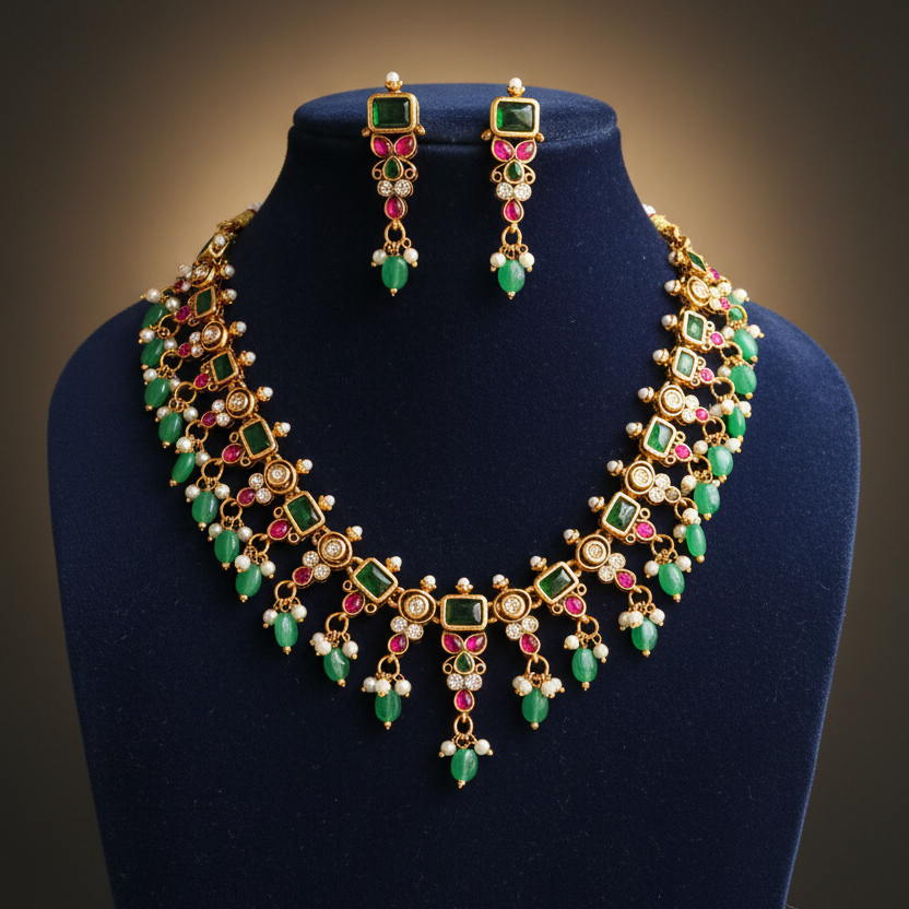 Emerald Ruby Pearl Kundan Necklace Set