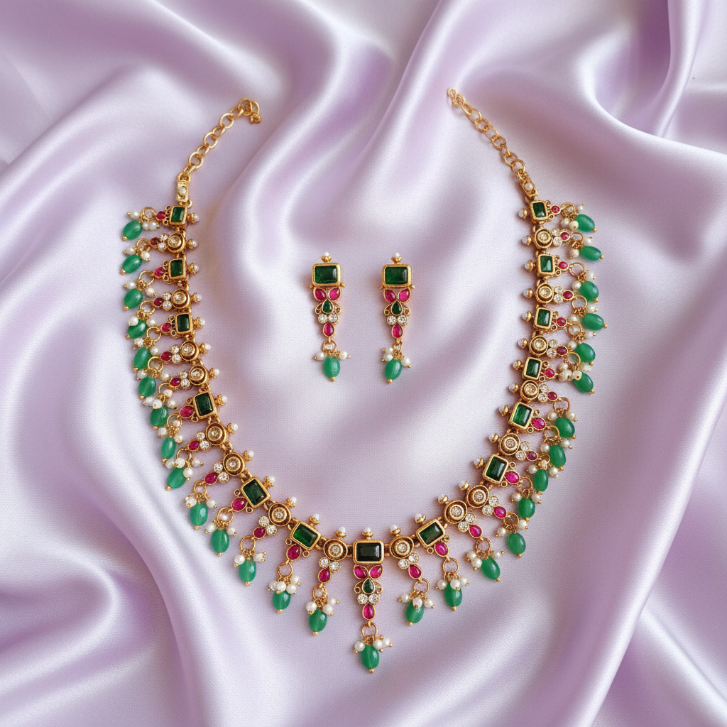 Emerald Ruby Pearl Kundan Necklace Set