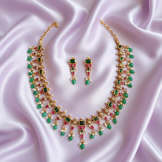 Emerald Ruby Pearl Kundan Necklace Set
