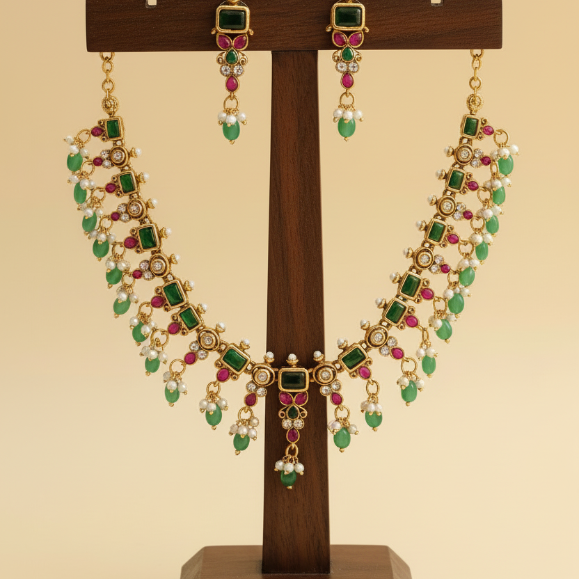 Emerald Ruby Pearl Kundan Necklace Set