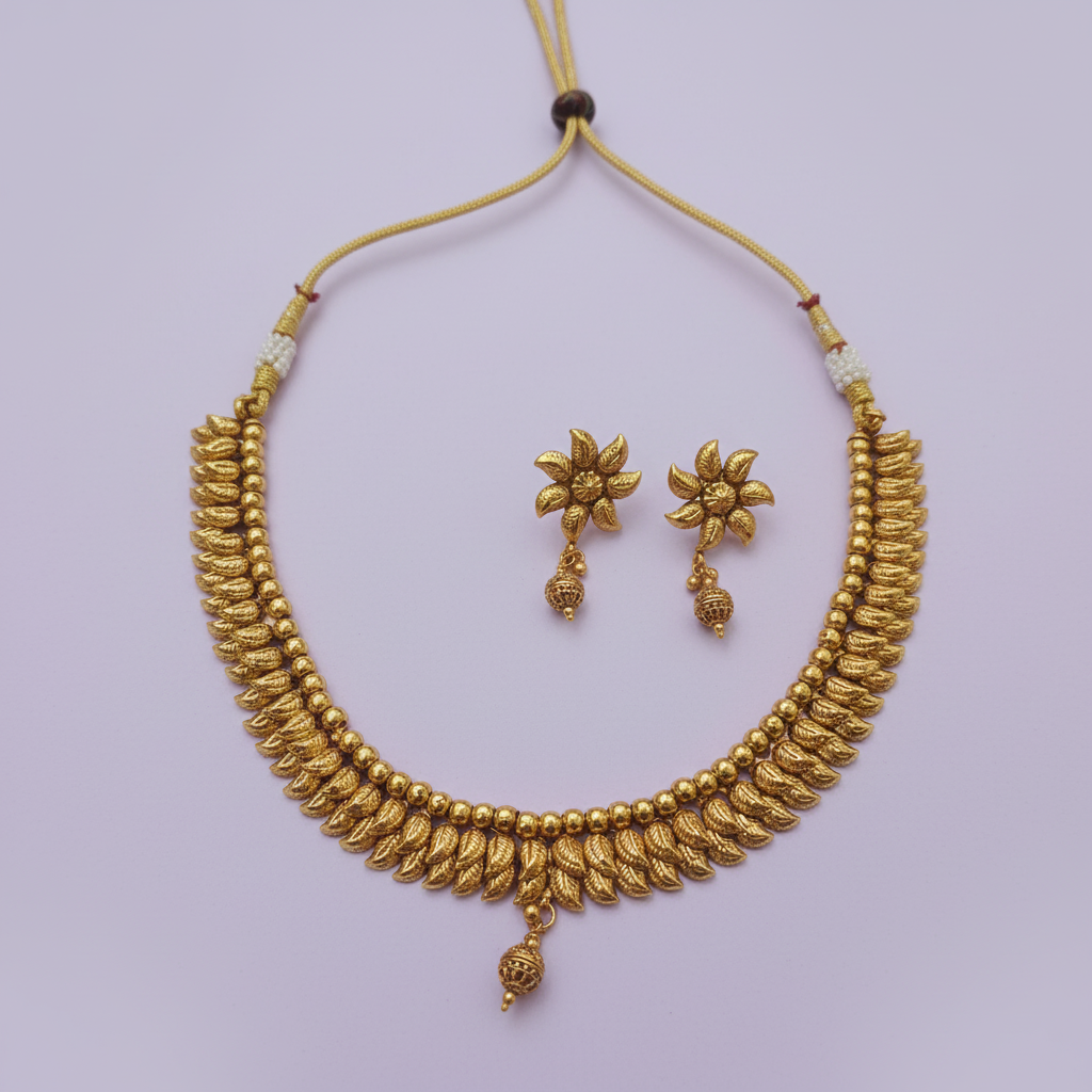 Antique Gold Leaf & Bead Necklace & Earring Set