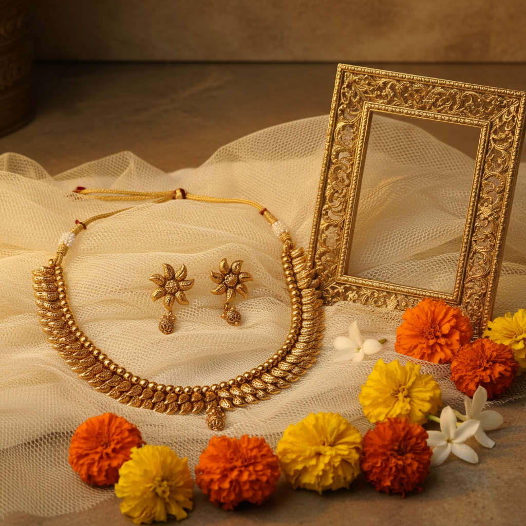 Antique Gold Leaf & Bead Necklace & Earring Set
