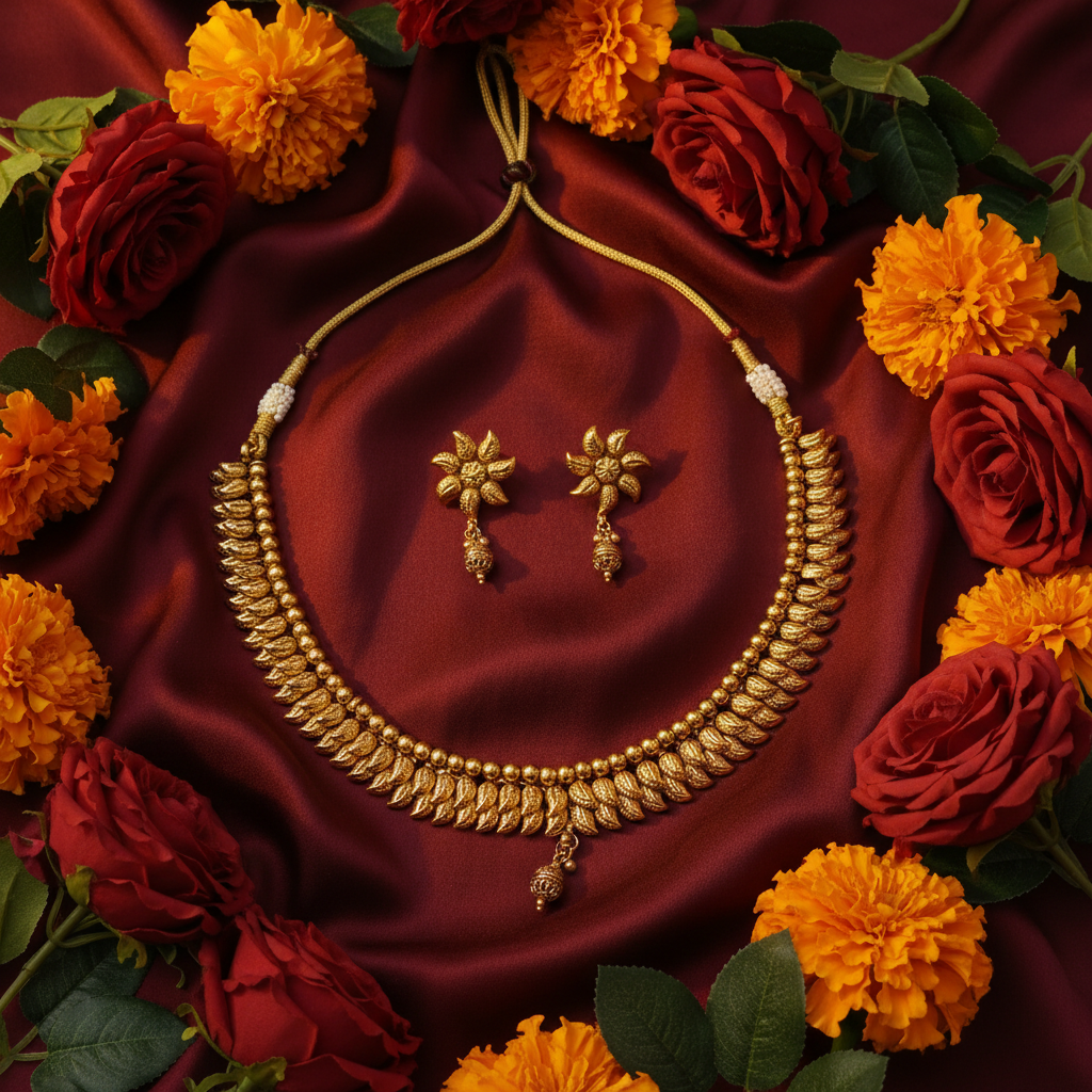 Antique Gold Leaf & Bead Necklace & Earring Set