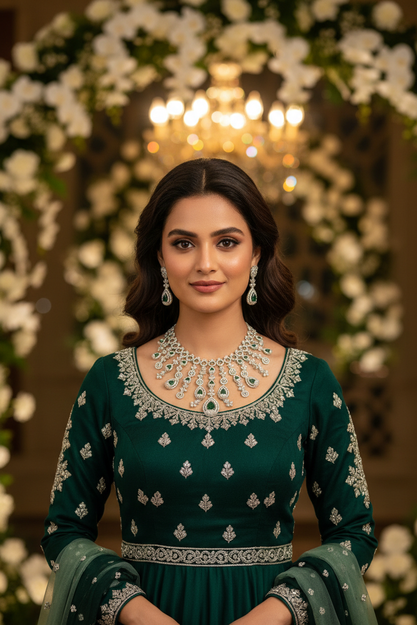 Emerald Green CZ Diamond Waterfall Necklace Set with Drop Earrings