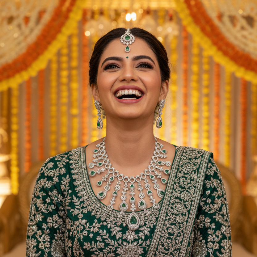 Emerald Green CZ Diamond Waterfall Necklace Set with Drop Earrings