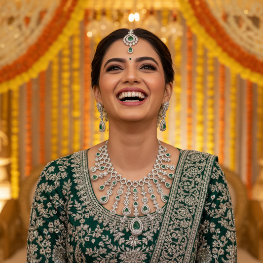 Emerald Green CZ Diamond Waterfall Necklace Set with Drop Earrings