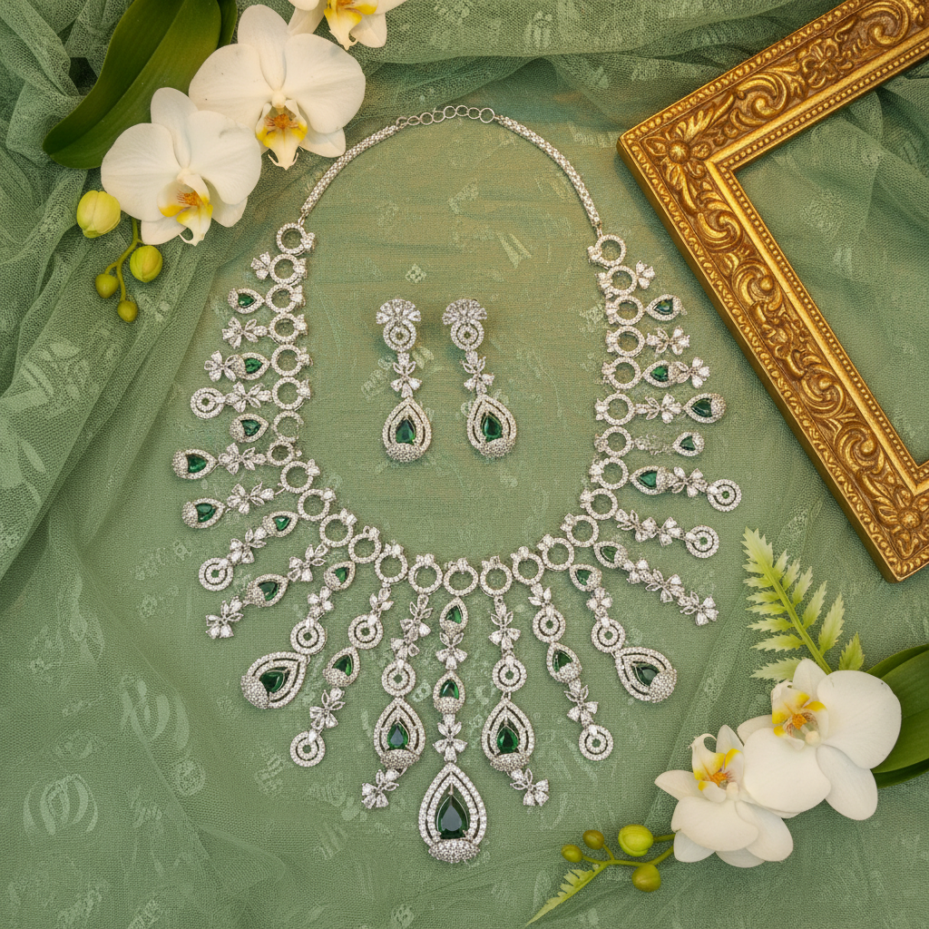 Emerald Green CZ Diamond Waterfall Necklace Set with Drop Earrings