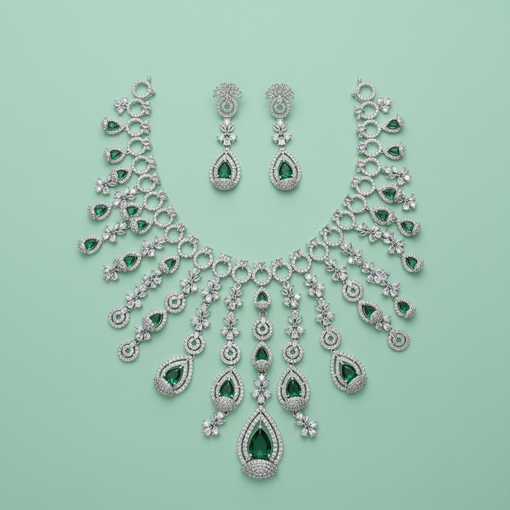 Emerald Green CZ Diamond Waterfall Necklace Set with Drop Earrings