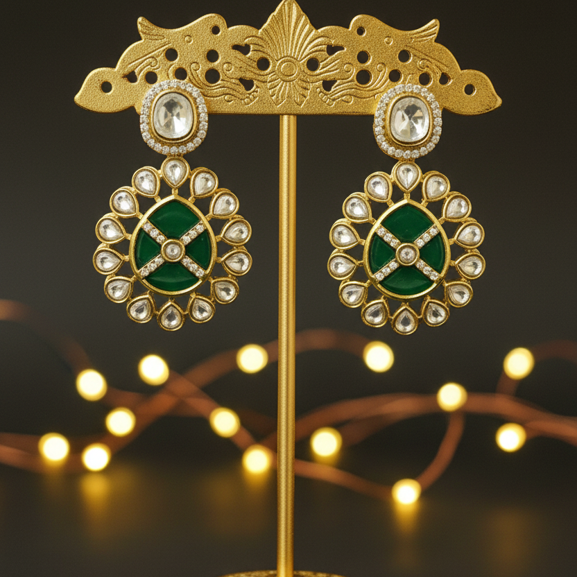Green Kundan Round Earrings