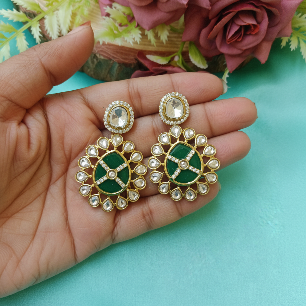 Green Kundan Round Earrings