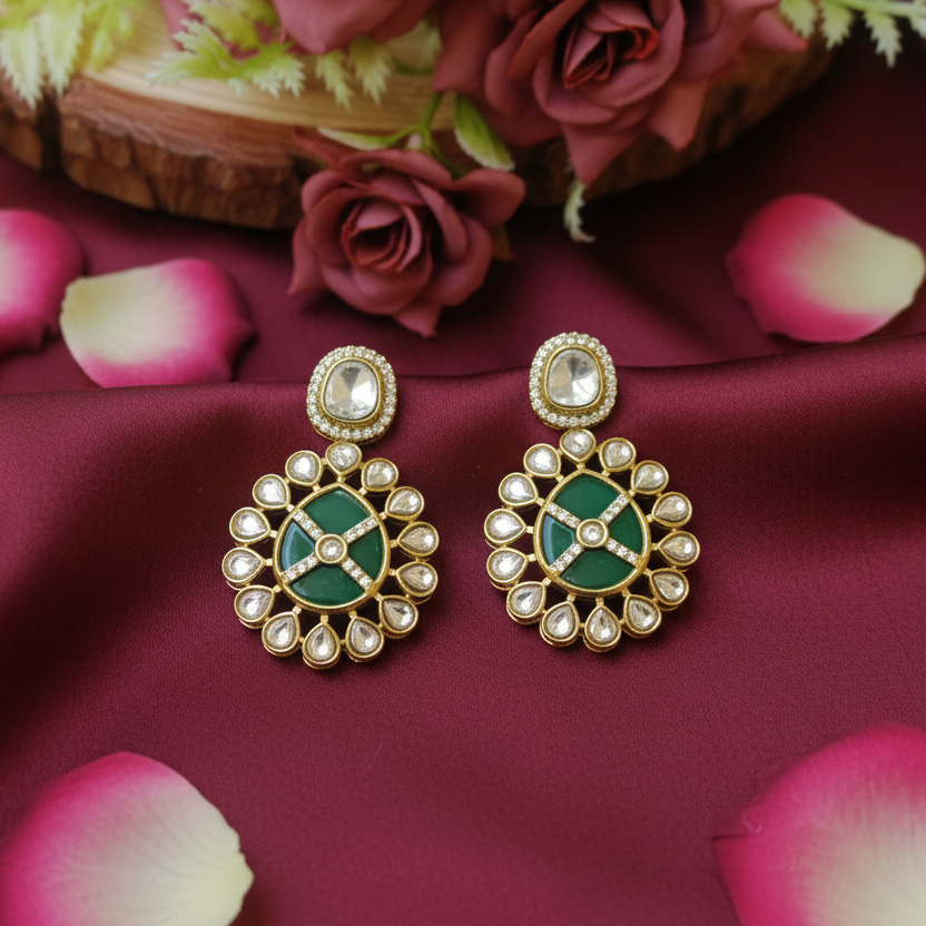 Green Kundan Round Earrings