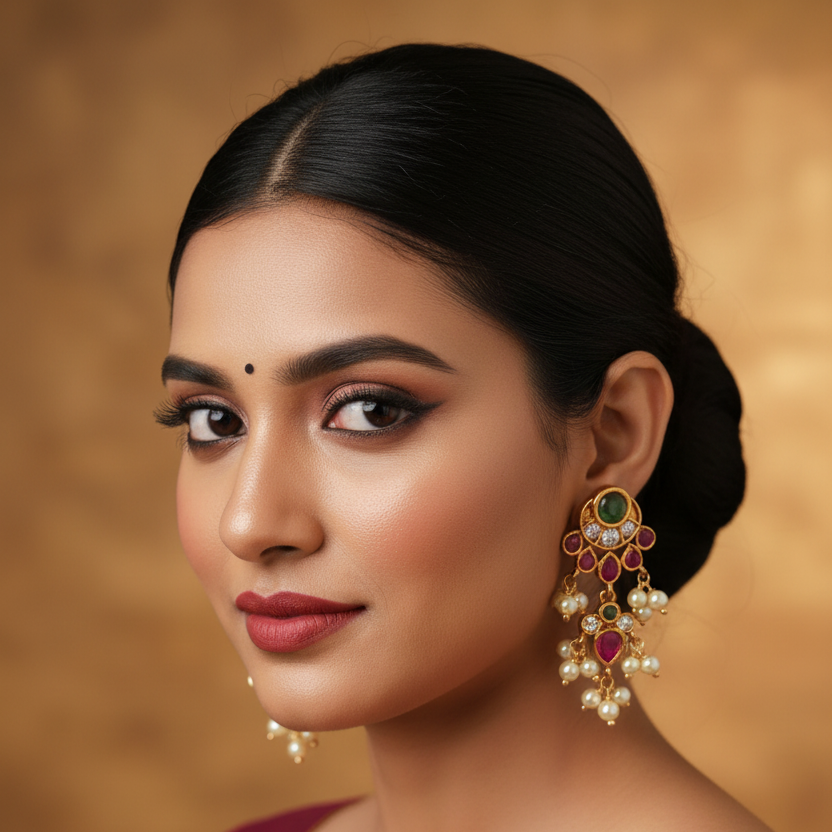 Antique Gold Ruby Emerald CZ & Pearl Drop Earrings