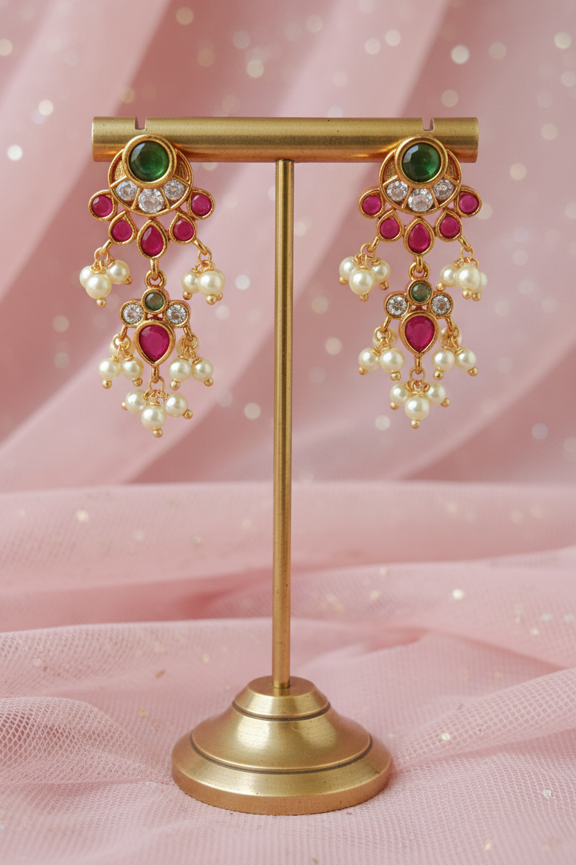 Antique Gold Ruby Emerald CZ & Pearl Drop Earrings