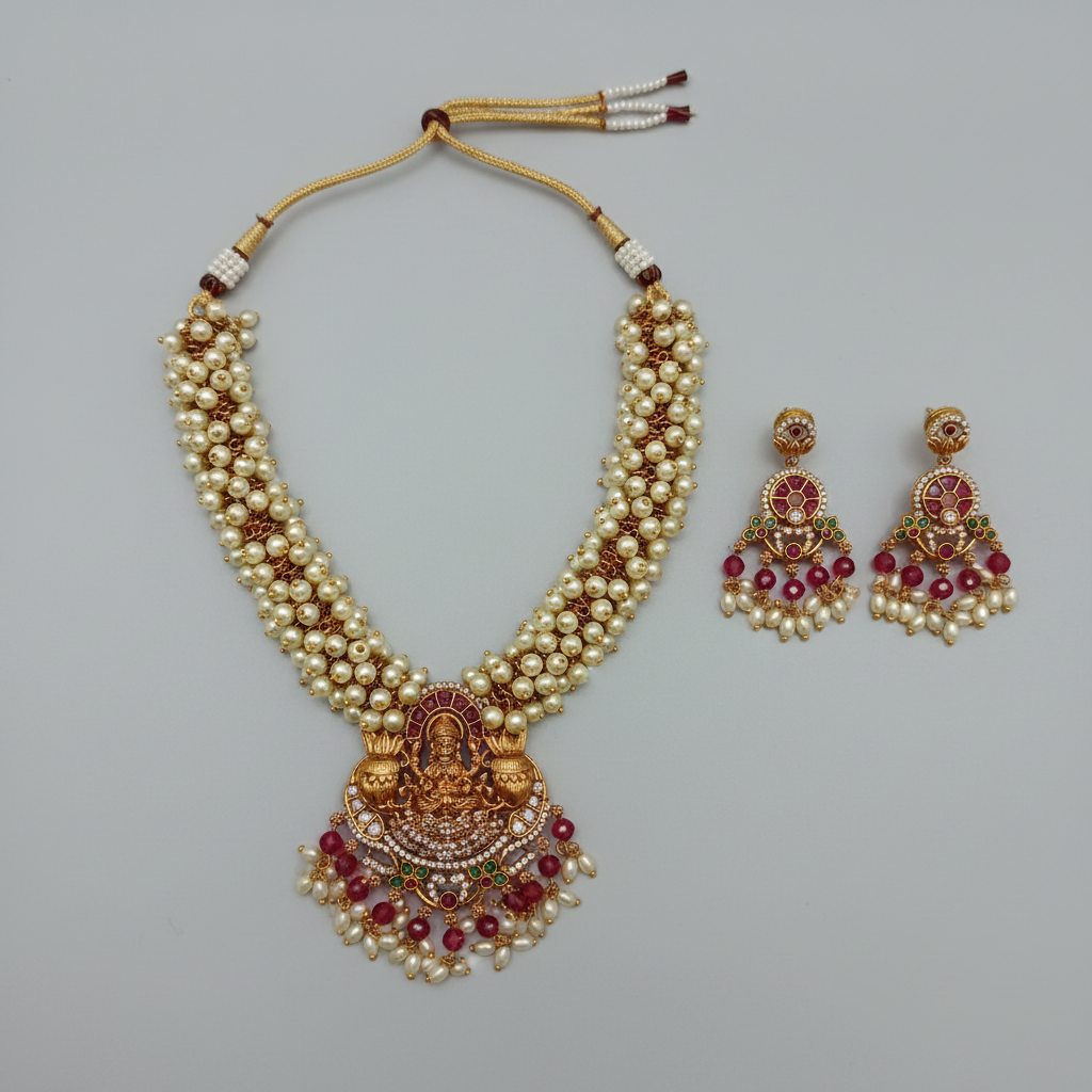 Lakshmi Temple Pearl Choker Necklace & Earrings Set