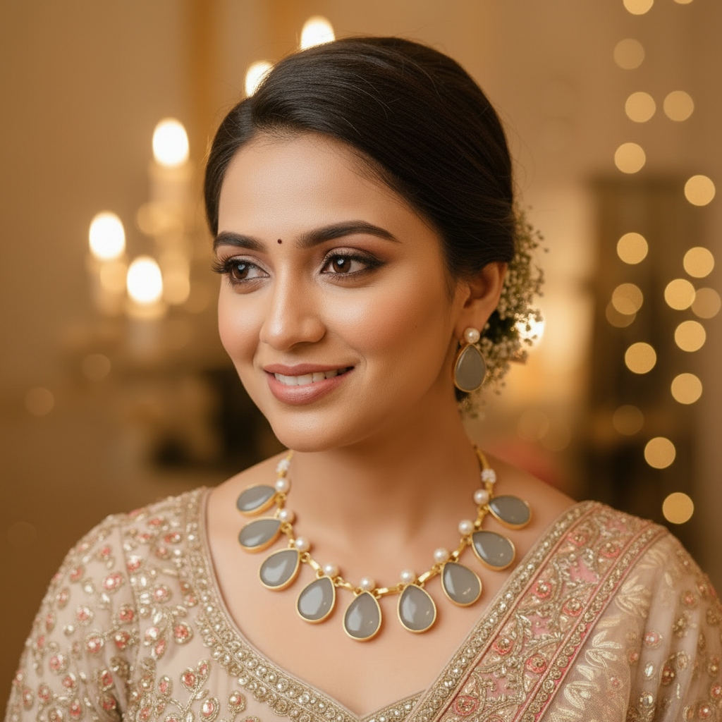 Grey Stone Pearl Necklace Bridal Portrait