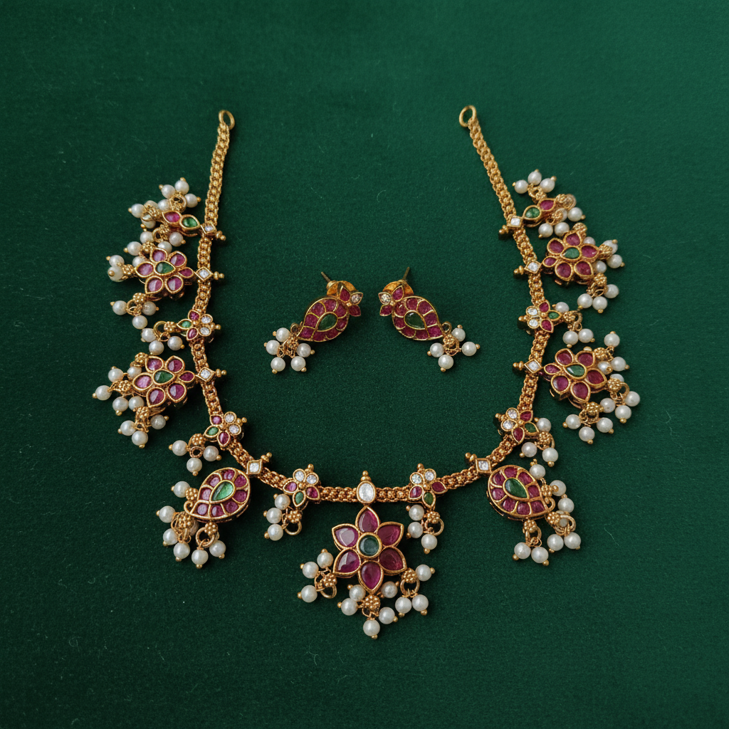 Guttapusalu Ruby Emerald Necklace Set