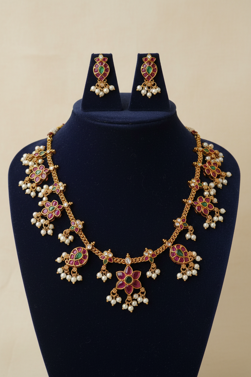 Guttapusalu Ruby Emerald Necklace Set