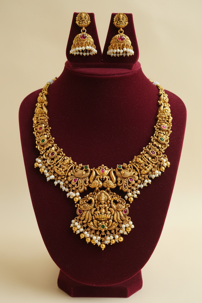 Heavy Lakshmi Temple Necklace Set with Peacock Motifs, Pearl Drops & Lakshmi Jhumka Earrings