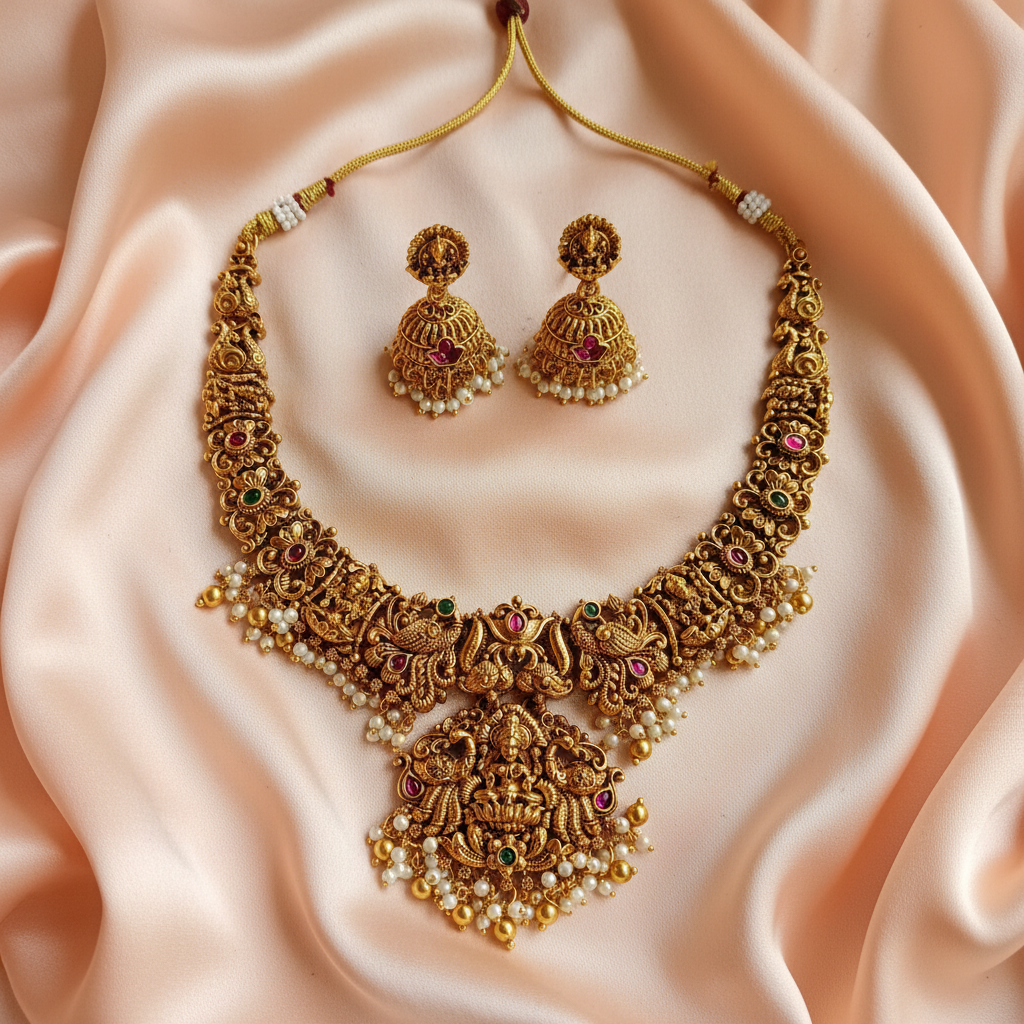 Heavy Lakshmi Temple Necklace Set with Peacock Motifs, Pearl Drops & Lakshmi Jhumka Earrings