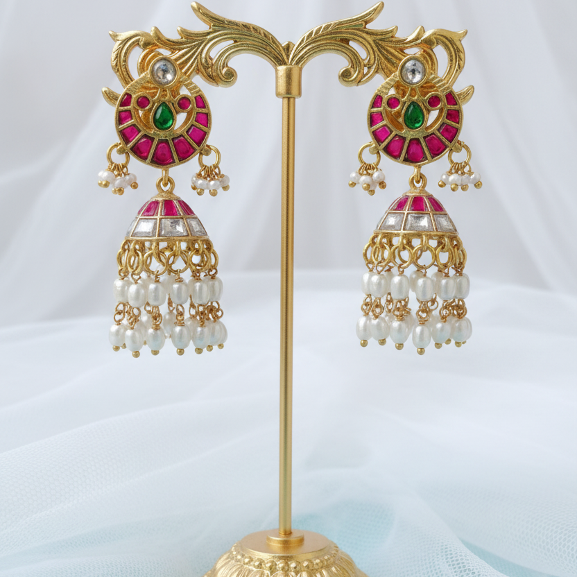 jaudau Peacock Jhumka Earrings with Pearl Drops