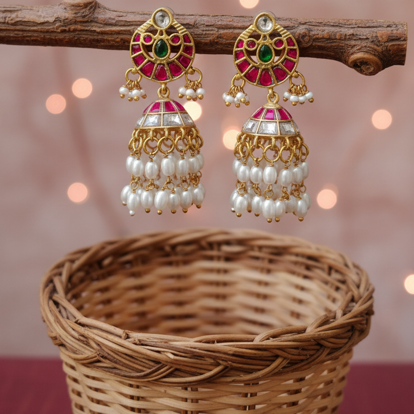 jaudau Peacock Jhumka Earrings with Pearl Drops