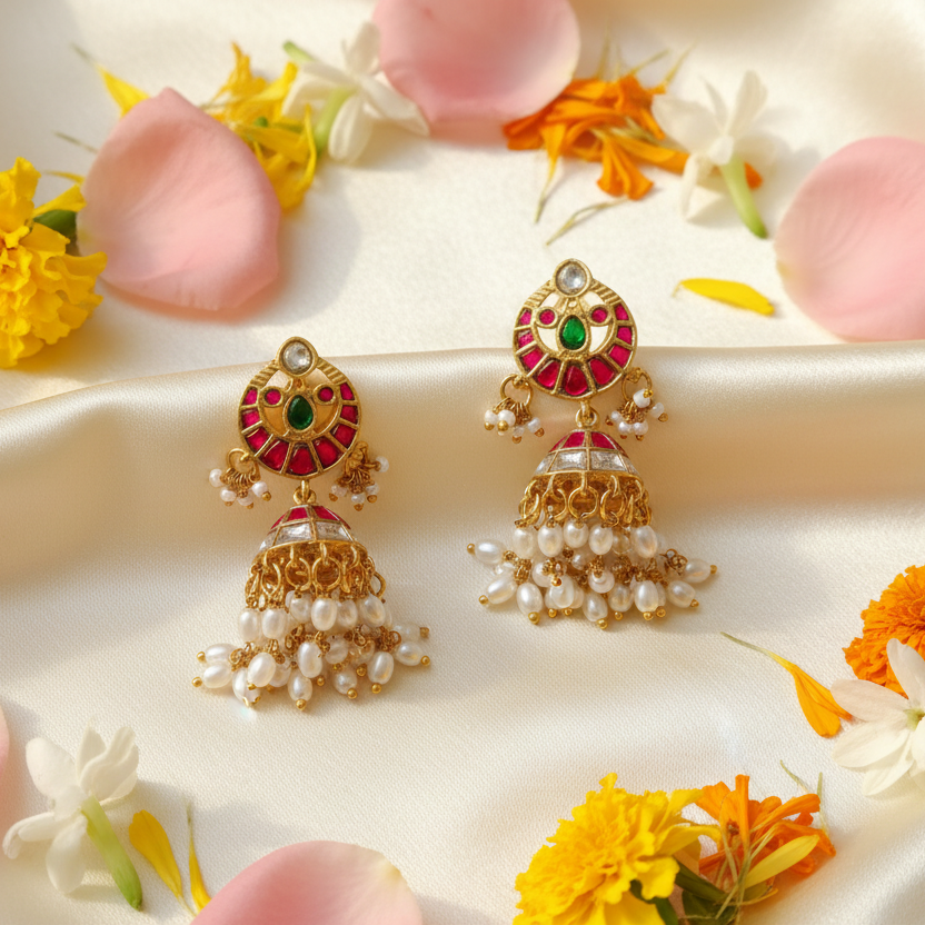 jaudau Peacock Jhumka Earrings with Pearl Drops