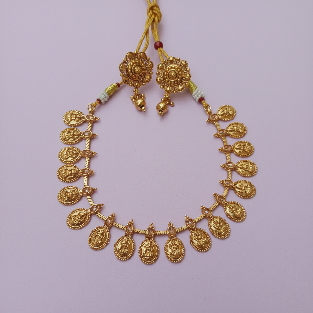 Traditional Lakshmi Kasu Mala Necklace Set with Antique Finish Earrings