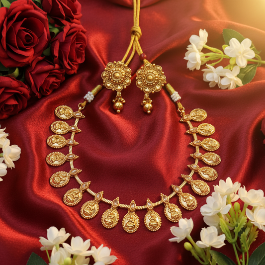 Traditional Lakshmi Kasu Mala Necklace Set with Antique Finish Earrings