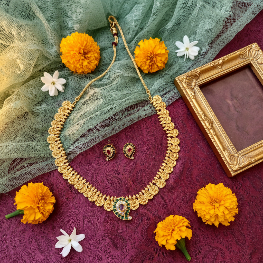 Antique Gold Kasu Mala Necklace with Mango Pendant & Kemp Stud Earrings